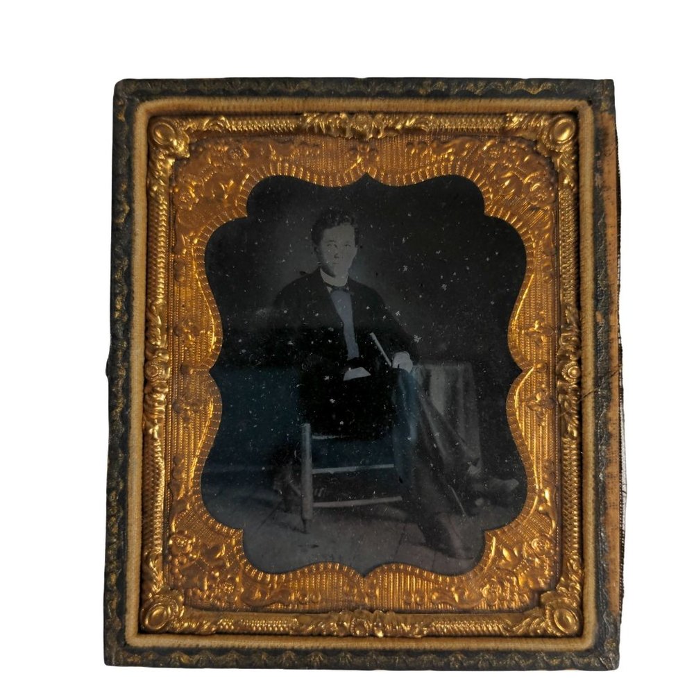 Antique Tintype Photo in Mismatched Full Case Man Sitting Black Suit Chair